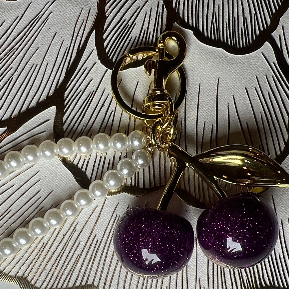 Deep Purple Cherry Keychain with Pearl details NWOT - Picture 6 of 13